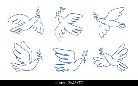 Peace dove with olive branch symbol. Bird symbol of peace and freedom in simple linear style. Doodle vector illustration Stock Vector