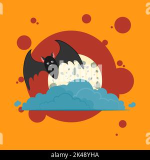 Happy Halloween greeting card with two cute characters black bats flying near full moon, clouds on dark night background. Vector cartoon flat style Stock Vector
