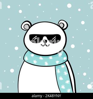 Cool polar bear in sunglasses. New year kids card with a cute white bear and snow in doodle style Stock Vector