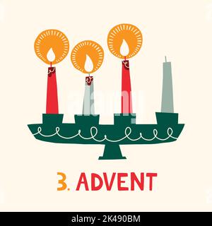 Three Candles in Candle Holder Retro Scandinavian Flat Illustration. Christmas Advent Vector Graphic Print Stock Vector
