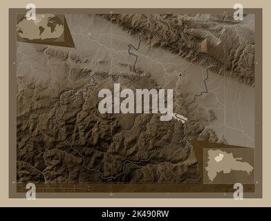 Santiago, province of Dominican Republic. Elevation map colored in sepia tones with lakes and rivers. Corner auxiliary location maps Stock Photo