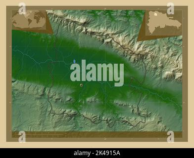 Valverde, province of Dominican Republic. Colored elevation map with lakes and rivers. Corner auxiliary location maps Stock Photo
