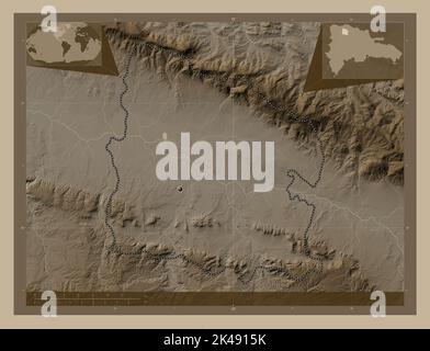 Valverde, province of Dominican Republic. Elevation map colored in sepia tones with lakes and rivers. Corner auxiliary location maps Stock Photo