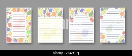 Fruit cartoon border notebook page. Berry notepad sheet template. Healthy food lined notepaper with raspberry strawberry blackberry grapes lemon peach cherry apricot apple pear plum orange avocado Stock Vector