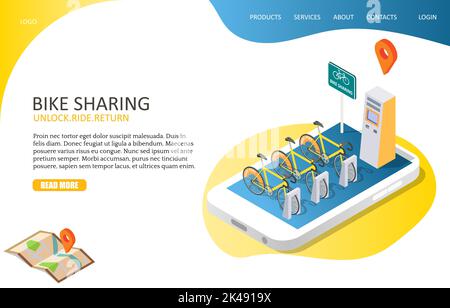 Bike sharing landing page website template. Vector isometric illustration of smartphone with docking station and bicycles for rent, payment terminal. Stock Vector