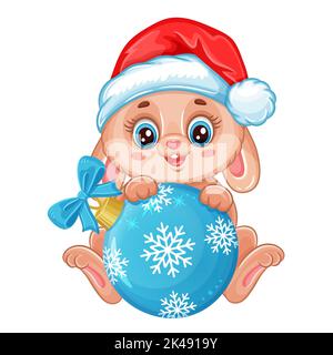 Christmas rabbit in Santa hat with holiday Xmas tree ball. Chinese New Year. Cute bunny  animal with decorative glass fir toy. Greeting card.  Vector Stock Vector