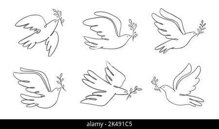 Flying dove with olive branch badge. Bird and twig symbol of peace and freedom. Pigeon icon in linear style Stock Vector