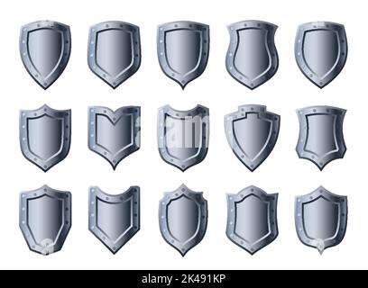 Metal shields 3D set different shapes security metallic icon. Power protection business concept safety symbol. Police badge template. Logo knight heraldic award medieval royal guard vintage shield Stock Vector