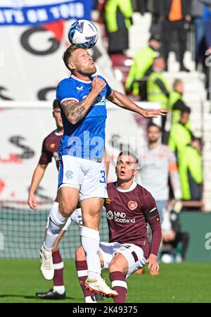 Edinburgh, UK. 1st Oct, 2022. Scott Arfield of Rangers and Cameron Devlin of Hearts during the cinch Premiership match at Tynecastle Park, Edinburgh. Picture credit should read: Neil Hanna/Sportimage Credit: Sportimage/Alamy Live News Stock Photo