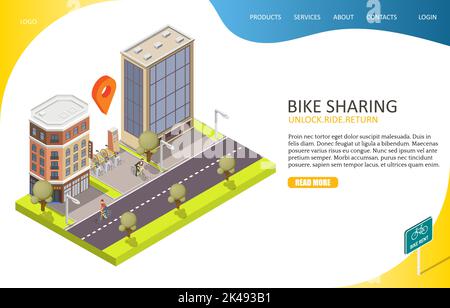 Bike sharing landing page website template. Vector isometric illustration of city street, docking station, bicycles for rent, payment terminal. Bike r Stock Vector