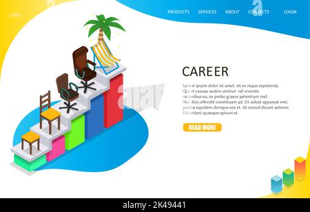 Career growth landing page website template. Vector isometric illustration of career ladder with different kinds of chairs from stool to deck chair an Stock Vector