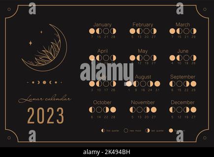 Moon calendar 2023 year. Lunar phases shedule template. Boho astrological poster. Vintage vector illustration Stock Vector