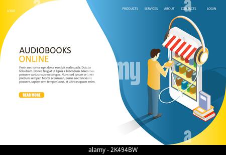 Audiobooks online landing page website template. Vector isometric illustration of man standing in front of smartphone with books and headphones. Books Stock Vector