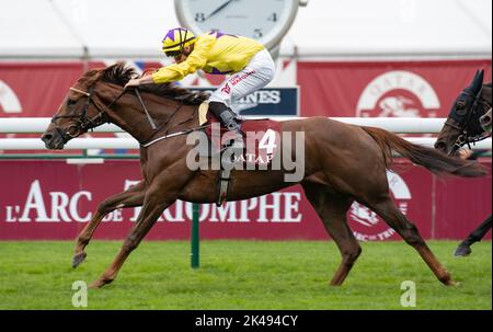 Sea La Rosa and jockey Tom Marquand win the Group 1 Qatar Prix De Royallieu at ParisLongchamp Racecourse for trainer William Haggas and owners Sunderland Holding Inc. Stock Photo