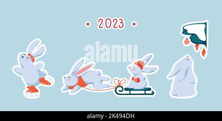 Set of Winer Rabbits as Symbol of New Year Stock Vector