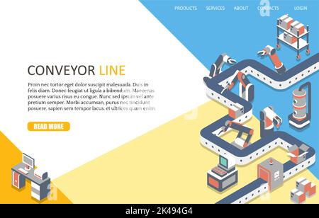 Conveyor line landing page website template. Vector isometric industrial automated production line with robotic arms. Automatic assembly factory. Stock Vector