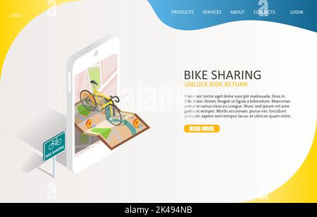 Bike sharing landing page website template. Vector isometric illustration of smartphone with map, bicycle and bike sharing sign. Bike rental app conce Stock Vector