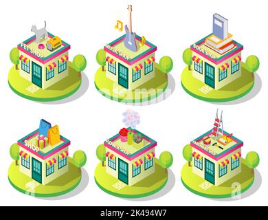 City shop building icon set. Vector isometric illustration of different shops isolated on white background. Pet music book flower and hardware store b Stock Vector