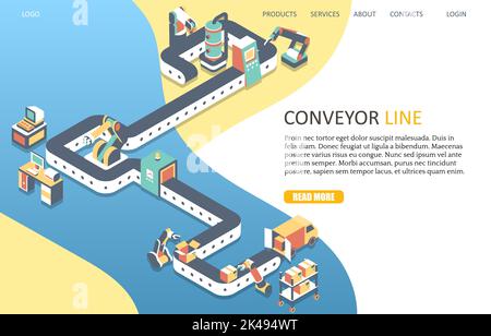 Automated production line landing page website template. Vector isometric industrial automatic conveyor line with robotic arms. Robotic assembly and p Stock Vector