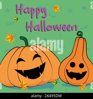 halloween card with two funny pumpkins illustration Stock Vector