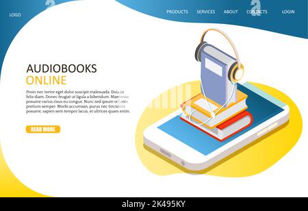 Audiobooks online landing page website template. Vector isometric pile of books with headphones on smartphone screen. Books online concept. Stock Vector