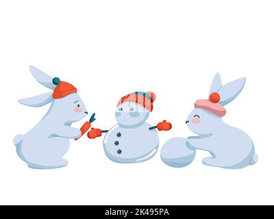 Cute Bunnies make SnowMan and Attach Carrot Stock Vector