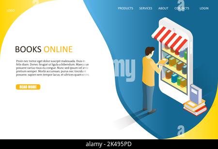 Books online landing page website template. Vector isometric illustration of man taking book from bookshelf in smartphone store. Online digital librar Stock Vector