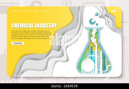 Chemical industry landing page website template. Vector paper cut illustration of chemical plant smoking pipes inside of lab flask. Stock Vector