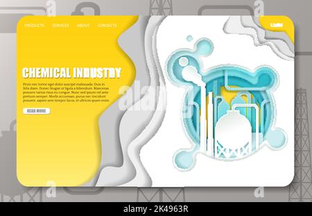 Chemical industry landing page website template. Vector paper cut chemical plant equipment and smoking piping. Stock Vector
