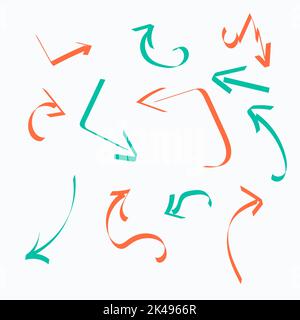 Various sketchy Doodle Arrows. Hand drawn simple symbols. Brush stroke style. Curly and wave orientation pointers. Editable vector stroke Stock Vector