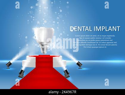 Tooth implant on illuminated white round podium with red carpet. Vector realistic illustration. Dental implant poster banner template. Stock Vector