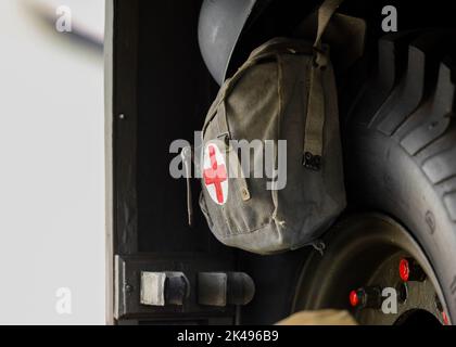 Soviet military cold war first aid bag with red cross for medic solider on battlefield Stock Photo