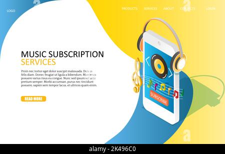 Music subscription services landing page website template. Vector isometric smartphone with headphones, treble clef and notes, subscription button. Stock Vector
