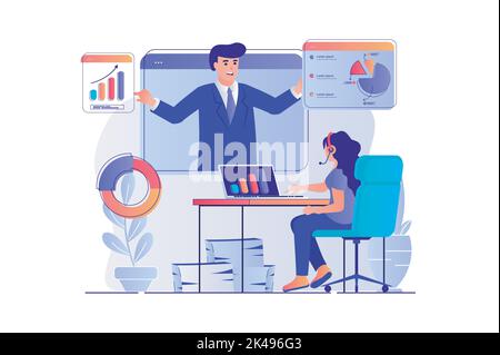 Business webinar concept with people scene. Woman watching online training video with business coach, analyzing data and improves skills. Vector Stock Vector