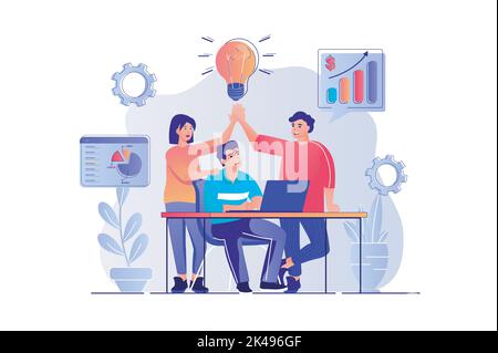 Teamwork concept with people scene. Man and woman brainstorming colleagues discuss work tasks, generate ideas and collaboration in office. Vector Stock Vector