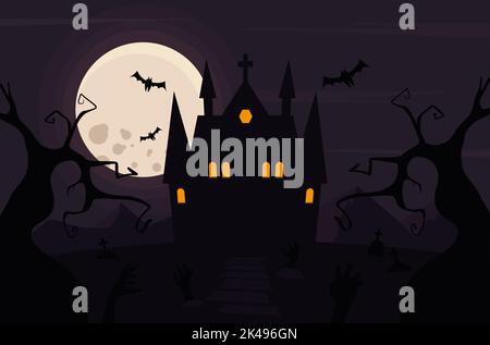 Scary haunted house on cemetery hill illustration Stock Vector