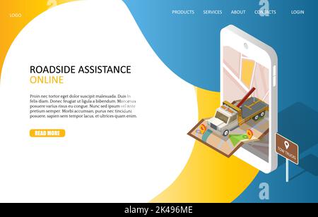 Online roadside assistance landing page website template. Vector isometric smartphone with map and tow truck evacuator. Car towing service mobile app. Stock Vector