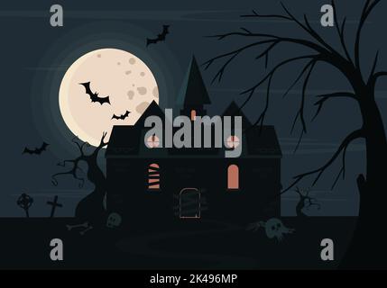 Scary haunted house in a clearing with graves and scattered human skulls against the backdrop of a night sky with a full moon and bats Stock Vector