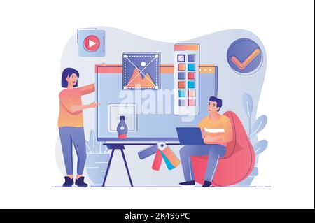 Design studio concept with people scene. Woman and man drawing elements and graphics, designers team create website layout in agency. Vector Stock Vector