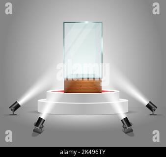 White round podium with empty glass showcase illuminated by floor spotlights. Vector realistic illustration. Display case for presentation exhibition. Stock Vector