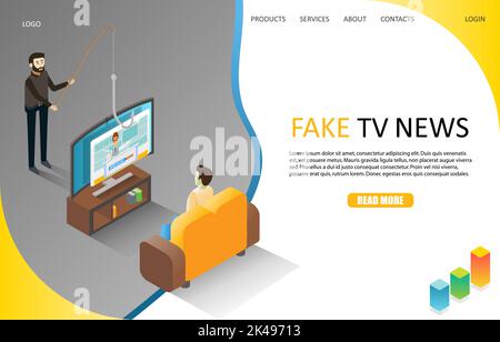 Fake live breaking tv news landing page website template. Vector isometric illustration. Disinformation or hoaxes spread via traditional broadcast new Stock Vector