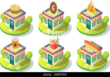 Public catering building icon set. Vector isometric illustration of different food establishments cafe, shop, restaurant buildings exterior view. Bake Stock Vector