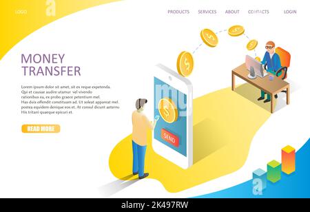 Money transfer landing page website template. Vector isometric illustration of man sending dollar coins to another man via smartphone. Mobile banking Stock Vector