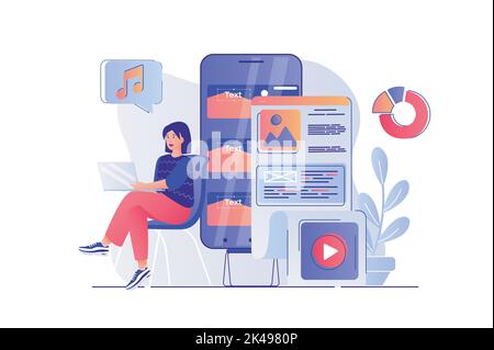 Content manager concept with people scene. Woman making content plan, creating content and fills site with video, audio and graphics. Vector Stock Vector