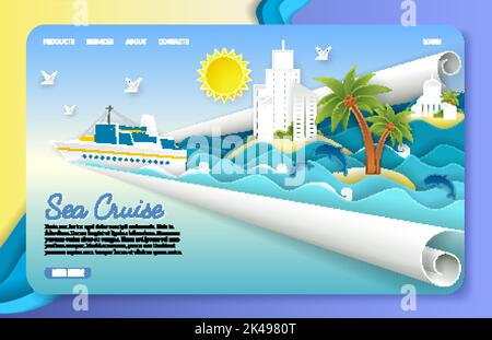 Sea cruise landing page website template. Vector paper cut cruise liner floating on ocean waves, dolphins, seagulls, islands, tourist resorts. Sea voy Stock Vector