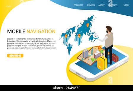 Mobile navigation landing page website template. Vector isometric smartphone with route map and pin, suitcases, tourist holding compass. Smart phone w Stock Vector