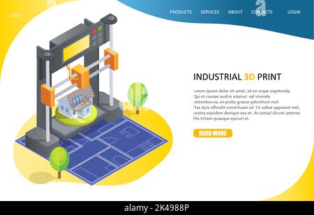 3D printing process landing page website template. Vector isometric industrial 3d printer printing house. Technology of manufacturing and prototype. Stock Vector