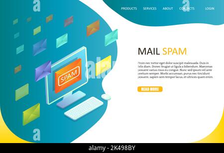 Mail spam landing page website template. Vector isometric desktop computer with spam email warning sign on screen. Junk email and spamming concept. Stock Vector
