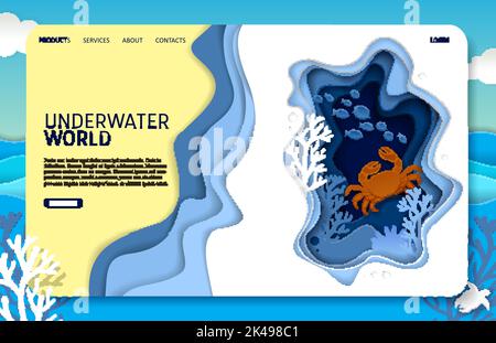 Underwater world landing page website template. Vector paper cut underwater sea cave with coral reef fish seaweed and crab. Stock Vector