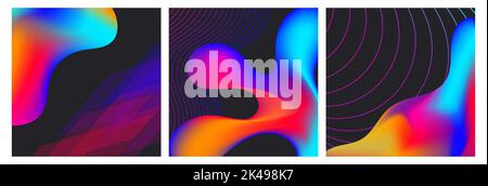 Set abstract background the trendy holographic fluid style. Neon blue, pink, yellow, purple gradients in minimal design. Square banner for social Stock Vector